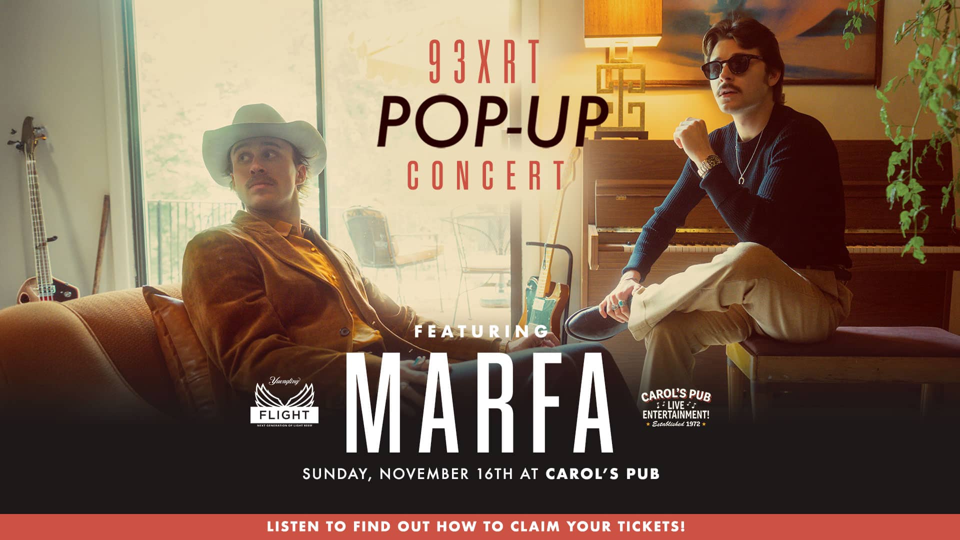 Promotional image for 93XRT Pop-Up Concert ft Marfa on November 16, 2025, at Carol's Pub.