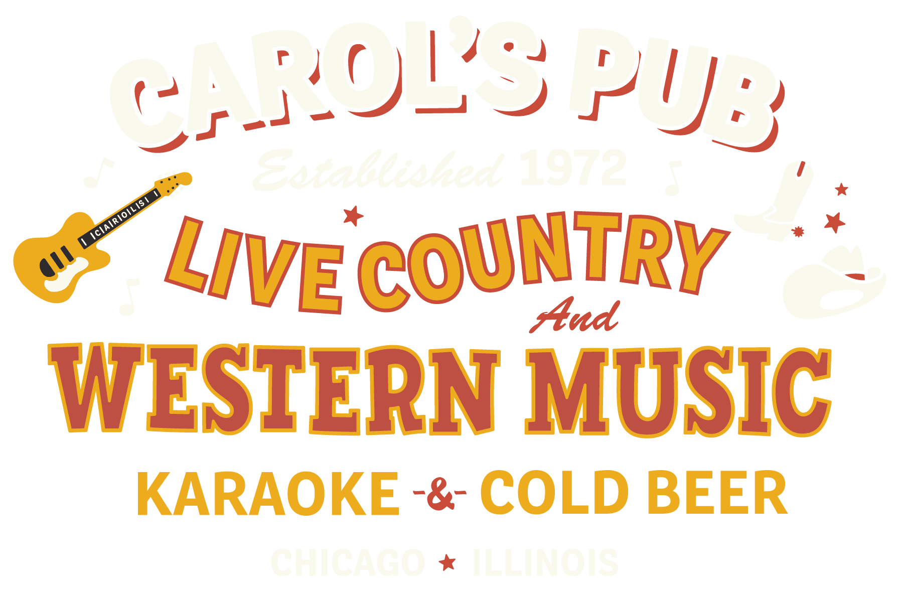 Carol's Pub text logo with guitar, cowboy boot, and cowboy hat