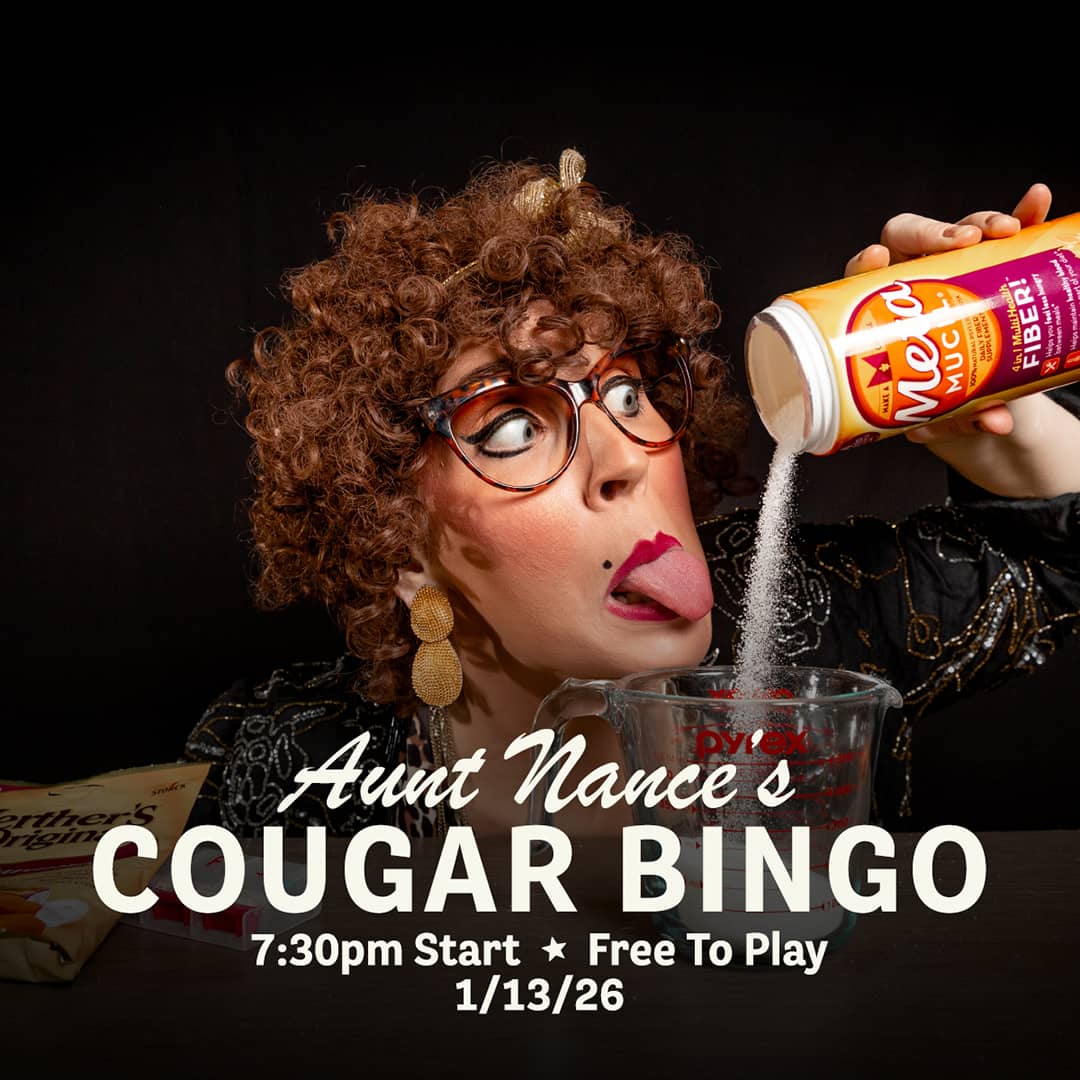 Promotional image for Cougar Bingo hosted by Aunt Nance, featuring live music, great food, and free gameplay on January 13, 2026, at Carol's Pub