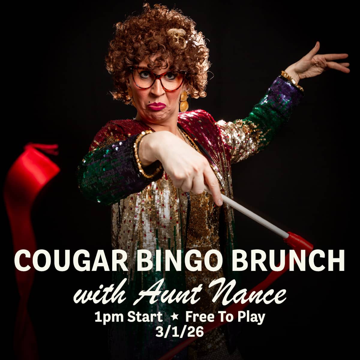 Promotional image for Cougar Bingo hosted by Aunt Nance, featuring live music, great food, and free gameplay on March 1, 2026 at Carol's Pub