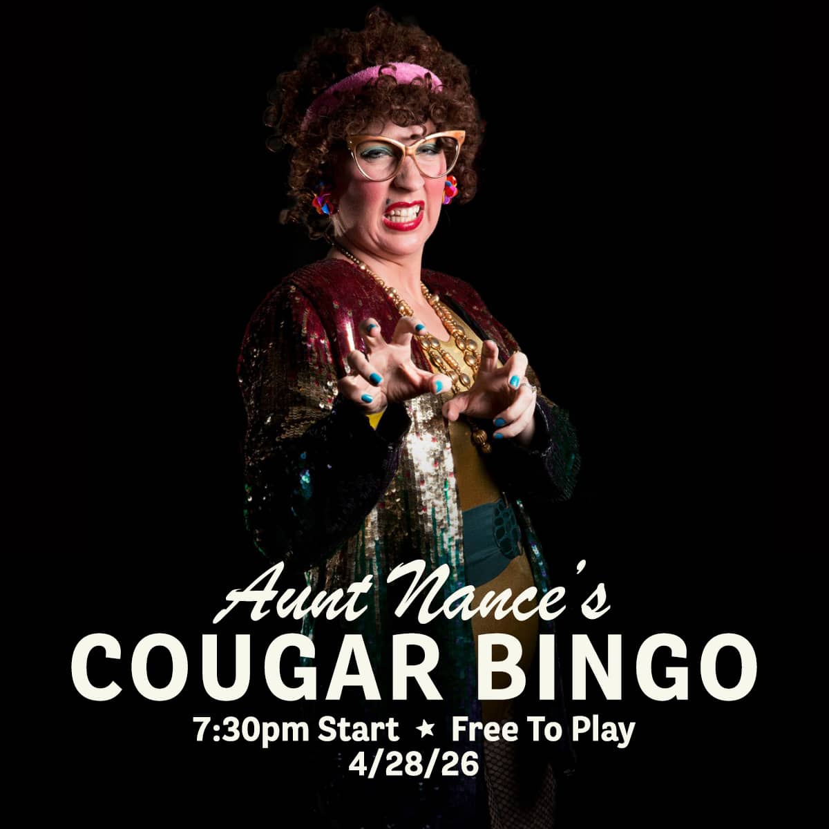 Promotional image for Cougar Bingo hosted by Aunt Nance, featuring live music, great food, and free gameplay on April 28, 2026 at Carol's Pub