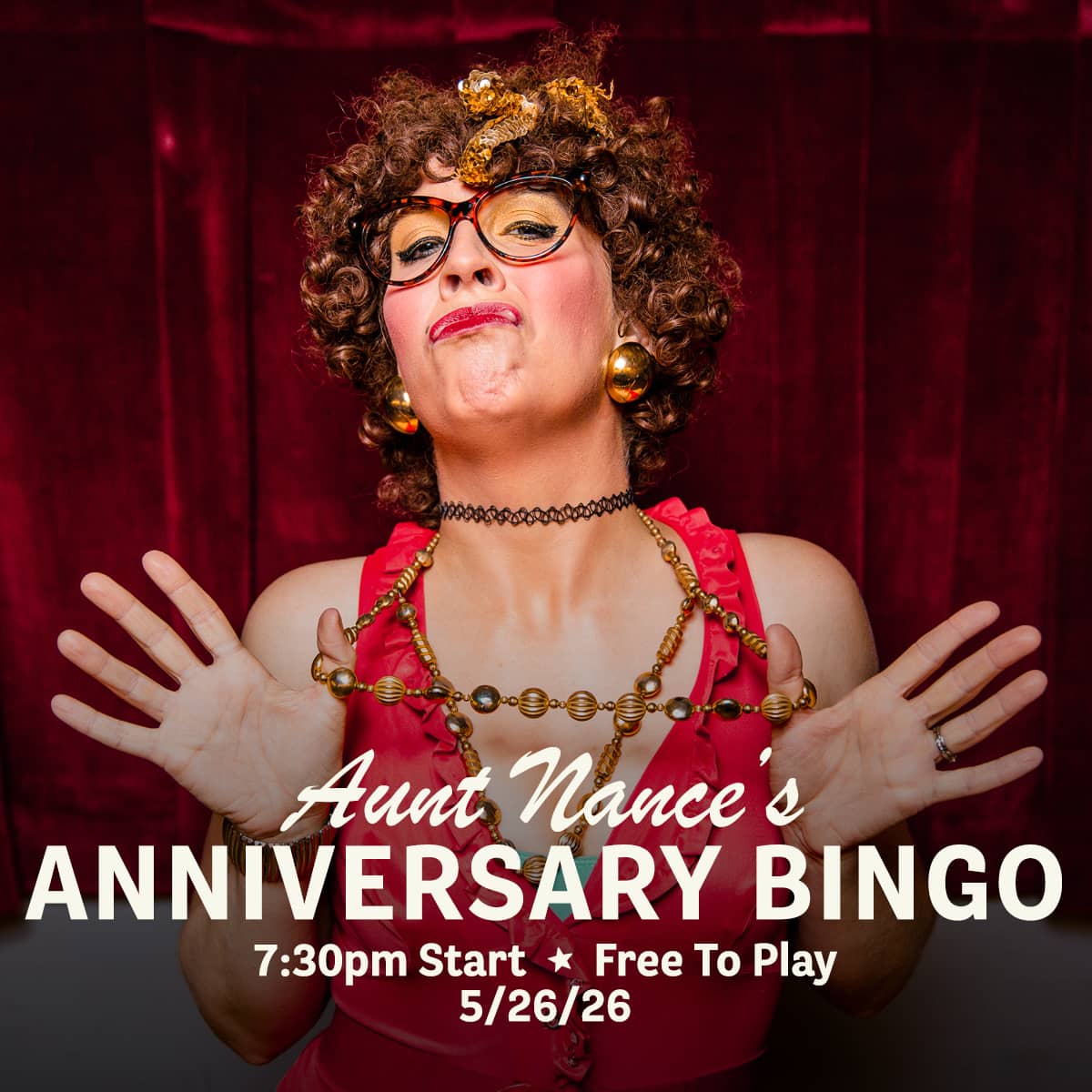 Promotional image for Cougar Bingo hosted by Aunt Nance, featuring live music, great food, and free gameplay on May 26, 2026 at Carol's Pub