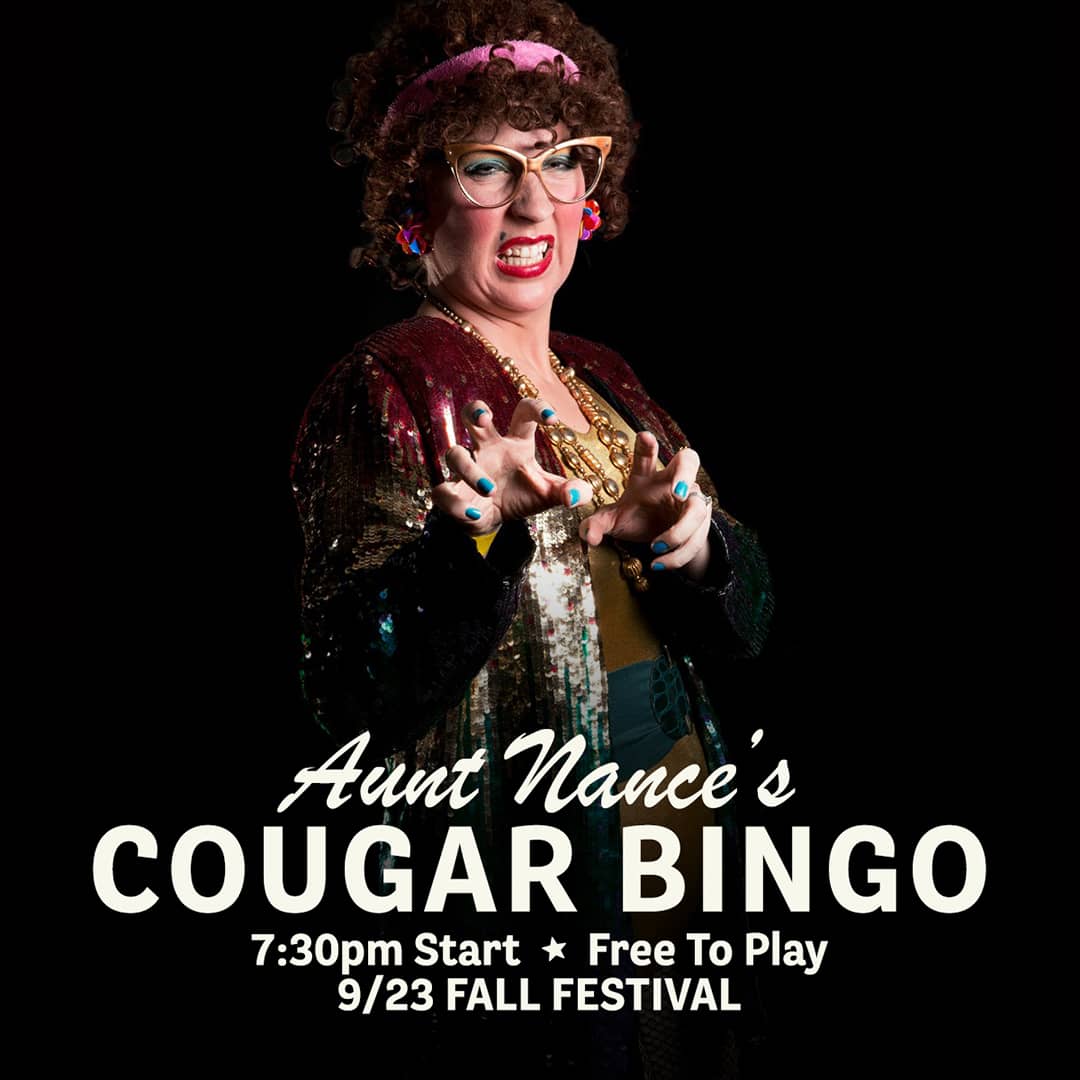 Promotional image for Cougar Bingo hosted by Aunt Nance, featuring live music, great food, and free gameplay on September 23, 2025, at Carol's Pub