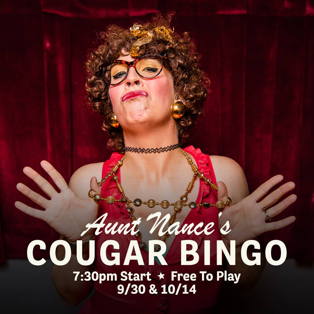 Promotional image for Cougar Bingo hosted by Aunt Nance, featuring live music, great food, and free gameplay on September 30, 2025 and October 14, 2025 at Carol's Pub