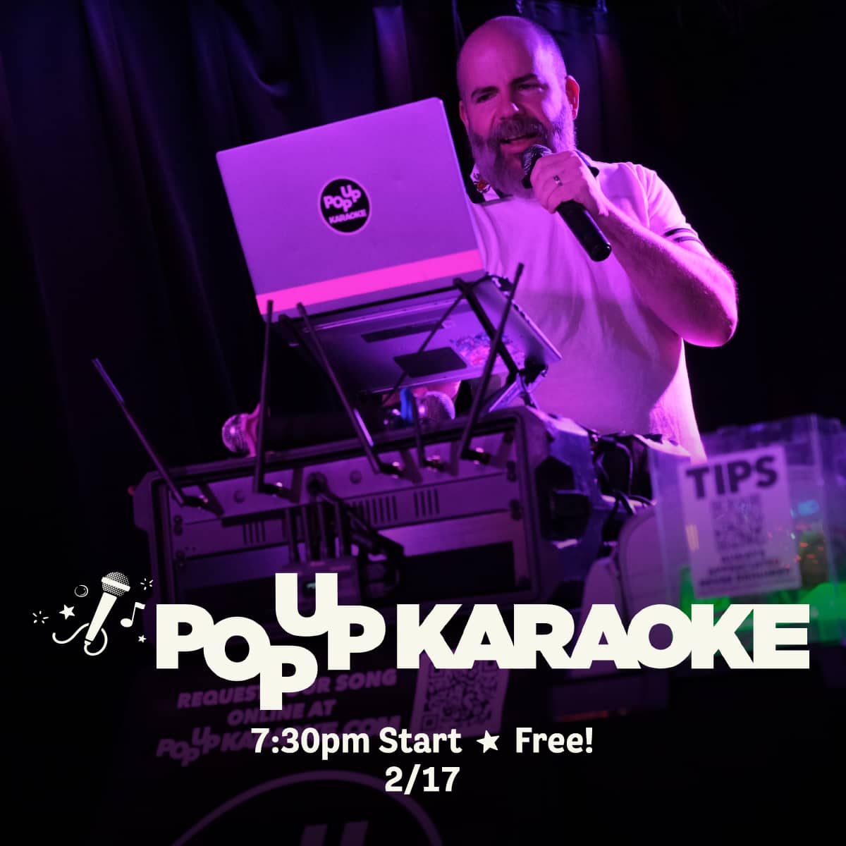 Promotional image for Pop Up Karaoke events on February 17, 2026, at Carol's Pub