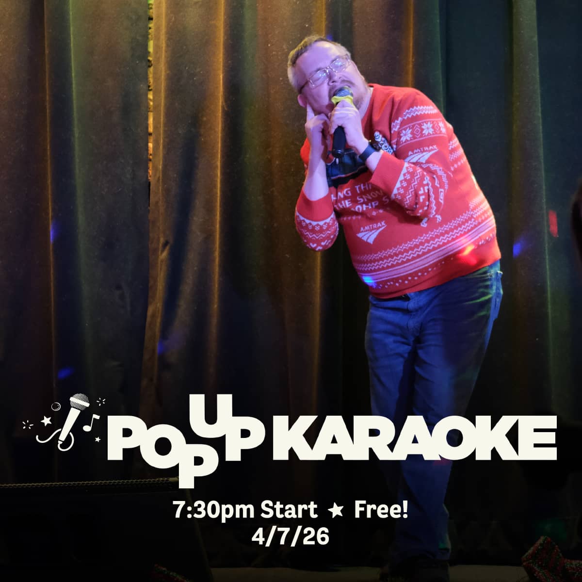 Promotional image for Pop Up Karaoke events on April 7, 2026, at Carol's Pub
