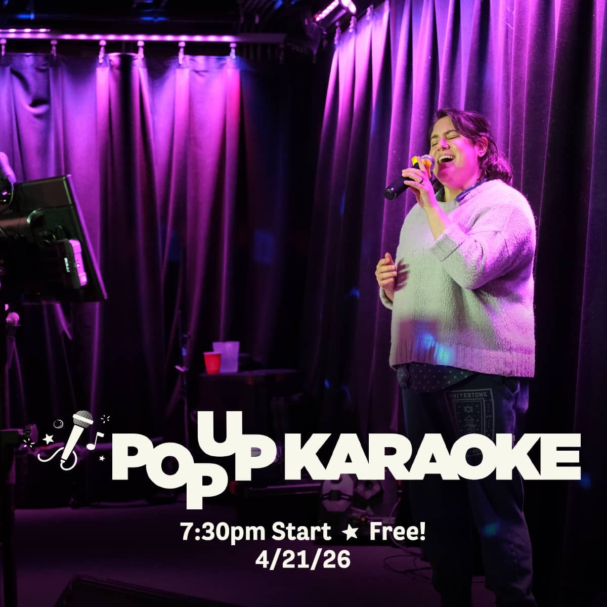 Promotional image for Pop Up Karaoke events on April 21, 2026, at Carol's Pub