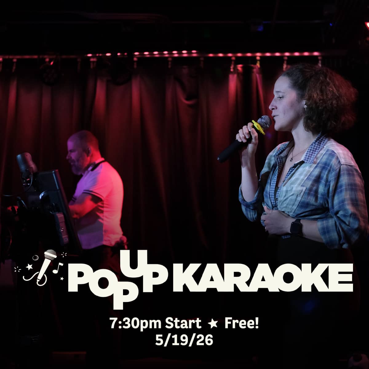 Promotional image for Pop Up Karaoke events on May 19, 2026, at Carol's Pub