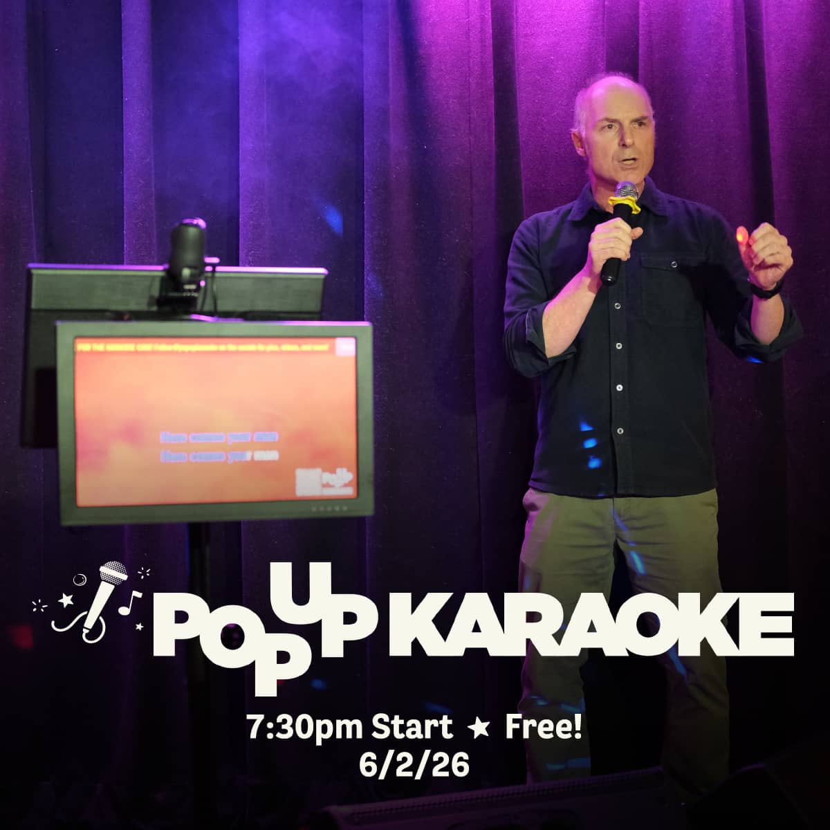 Promotional image for Pop Up Karaoke events on June 2, 2026, at Carol's Pub