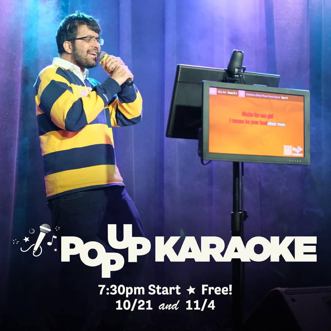 Promotional image for Pop Up Karaoke events on Octoer 21 and November 4, 2025, at Carol's Pub
