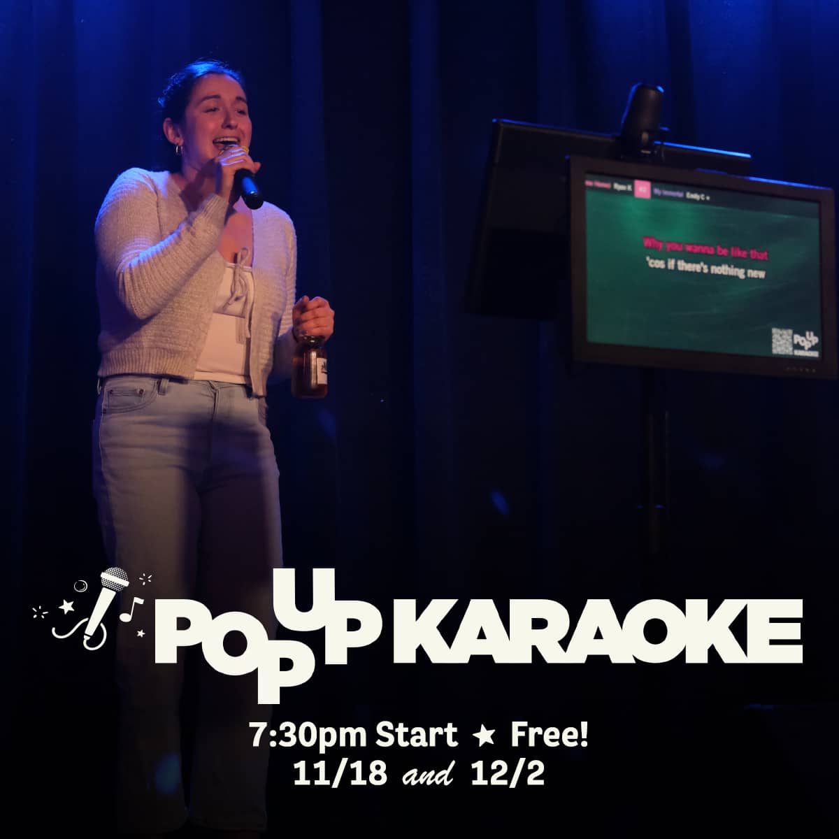 Promotional image for Pop Up Karaoke events on November 18 and December 2, 2025, at Carol's Pub
