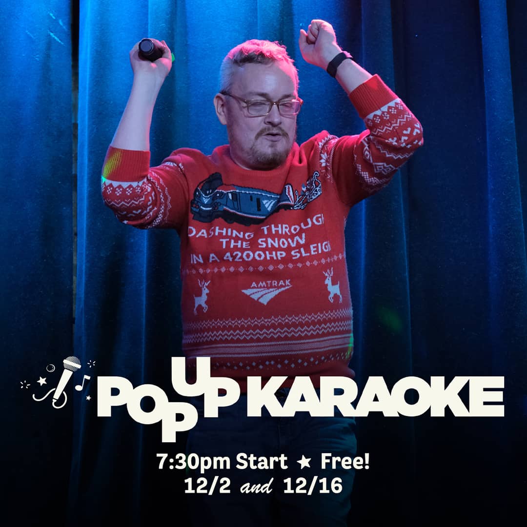 Promotional image for Pop Up Karaoke events on December 2 and December 16, 2025, at Carol's Pub