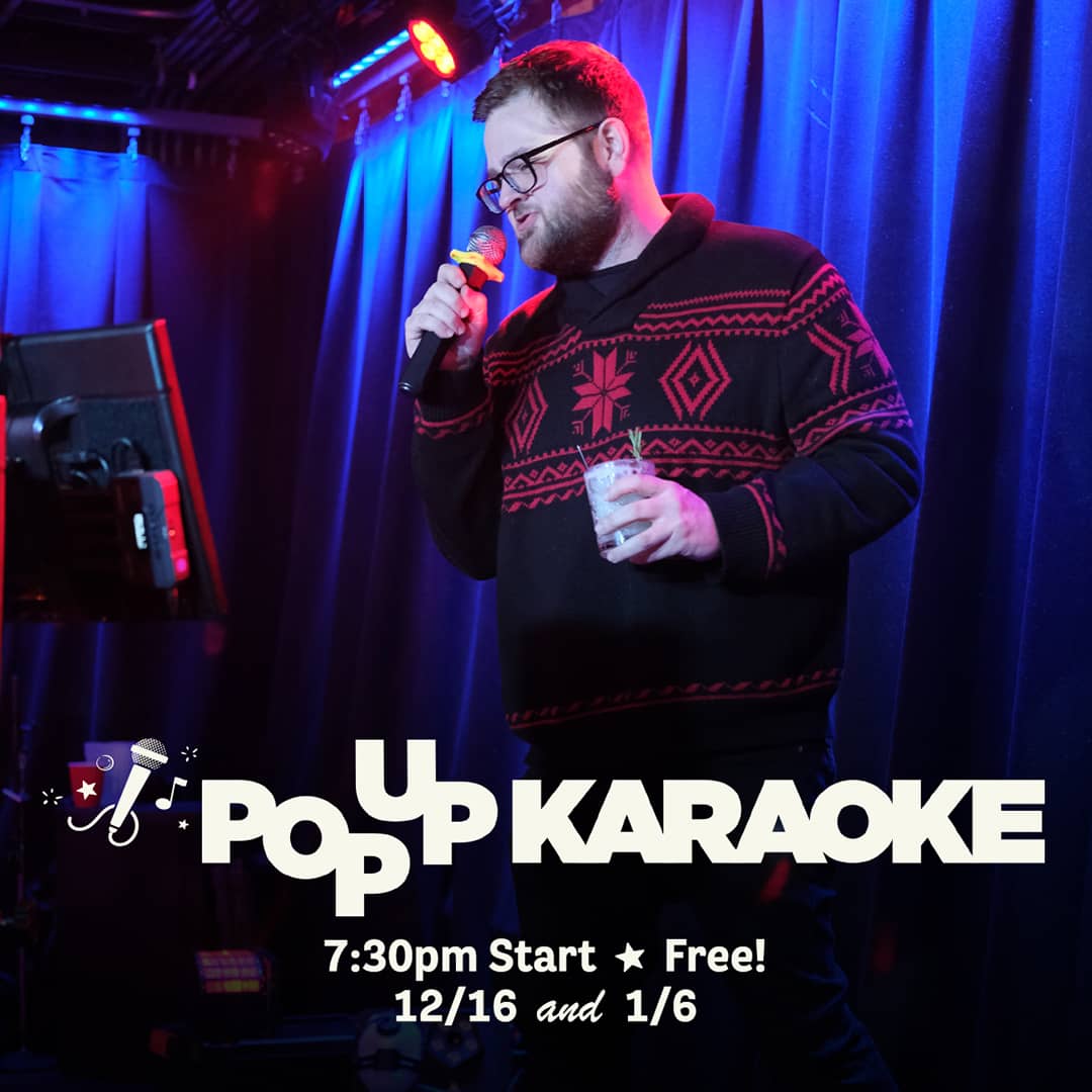 Promotional image for Pop Up Karaoke events on December 16 and January 6, 2025, at Carol's Pub