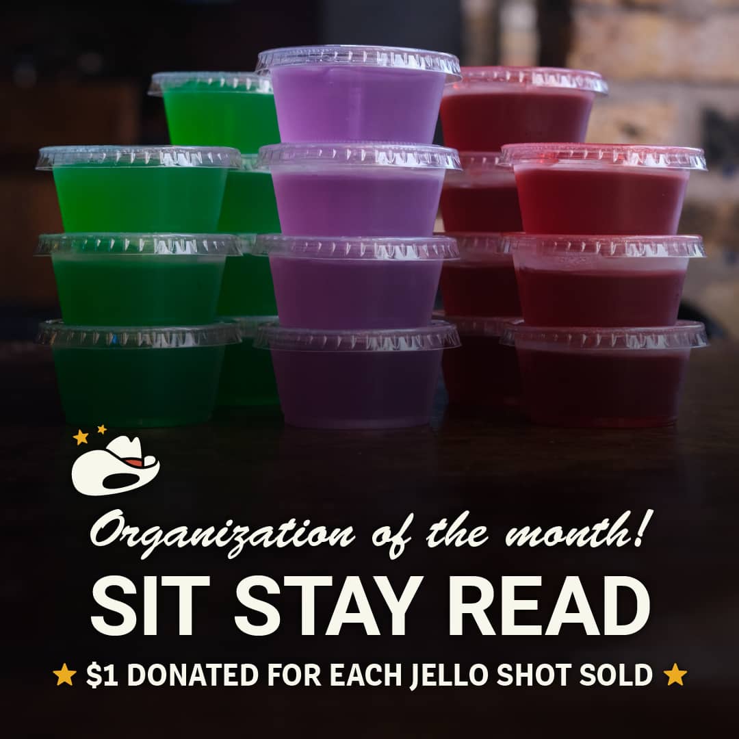 Promotional image for Carol's Pub's community initiative supporting Sit Stay Read. $1 from every Jell-O Shot sold in September 2025 will be donated to this impactful local organization.